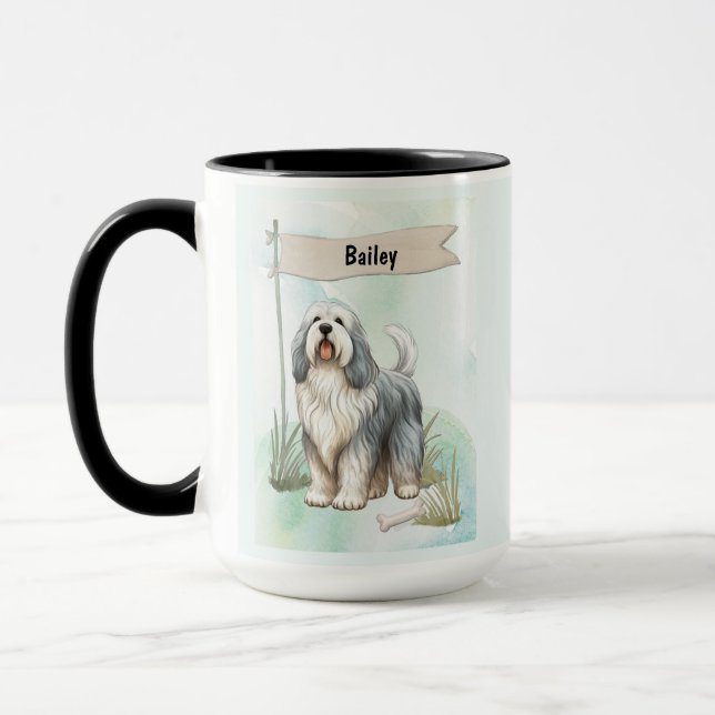 Caneca Polish Lowland Sheepdog Watercolor Personalize Dog (Esquerda)