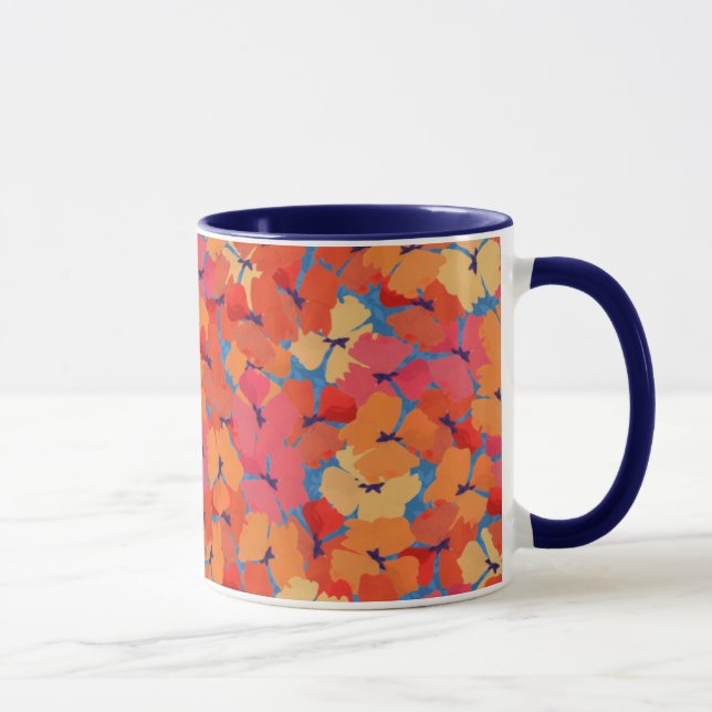 Caneca Pópias amarelas cor-de-laranja rosa padrão no azul (Direita)