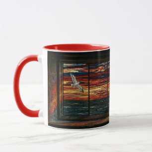 Caneca Pôr do sol em vitral com gaivota e veleiro