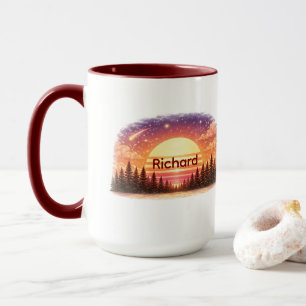 Caneca Pôr do sol vintage na floresta Nome personalizado