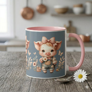 Caneca Porquinho Caprichoso em Jardineira Pastel Azul