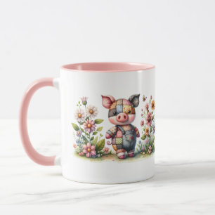 Caneca Porquinho Patchwork Fofo em Jardim Floral