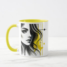 Caneca Portrait stylisé noir et jaune d'une jeune femme.