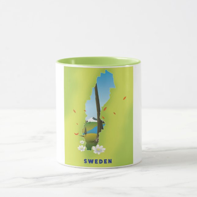 Caneca poster de viagens ilustrado do mapa de suecia. (Centro)
