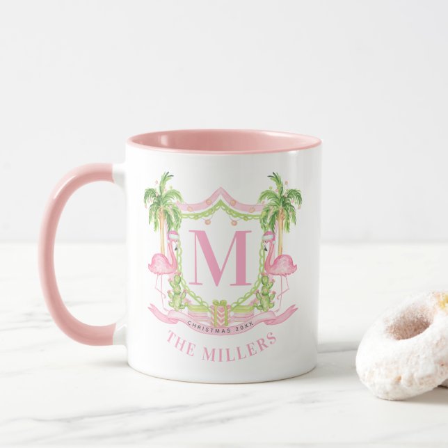 Caneca Preppy Flamingo Christmas Monogram Crest (Com Donut)