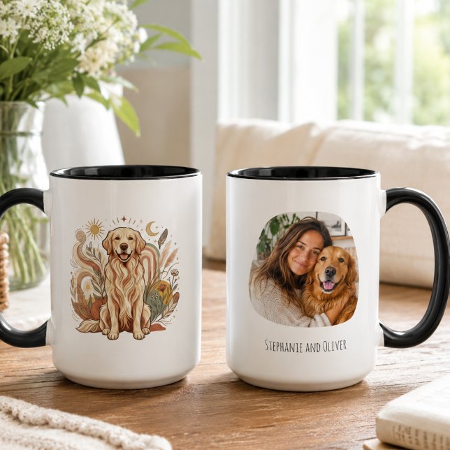 Caneca Presente com Foto e Nome do Golden Retriever (Golden Retriever artwork mug with pet photo for a dog mom birthday gift.)