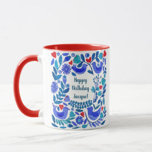 Caneca Presente de Aniversário Personalizado Folk Art Blu