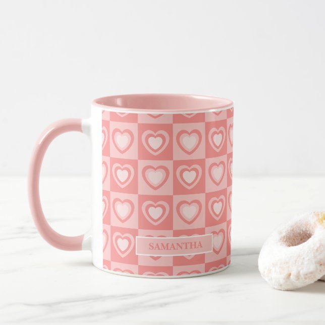 Caneca Presente de Dia dos Namorados Corações Retro Rosa  (Com Donut)
