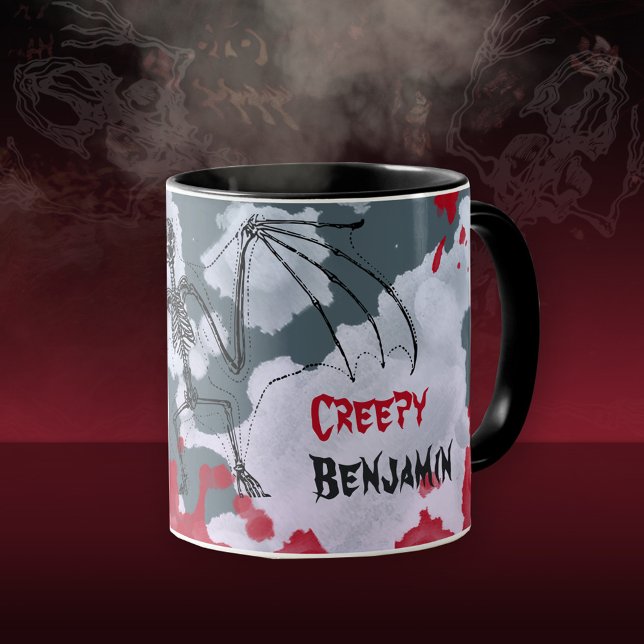 Caneca Presente de Halloween Esqueleto de Morcego Sombrio (Creepy Halloween Bat Skeleton Your Name Mug ©Susanne Sachers - Sunny Mind Design 🌞)