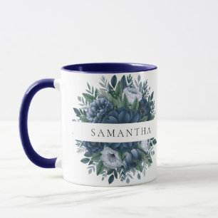 Caneca Presente de madrinha com flora elegante em azul na