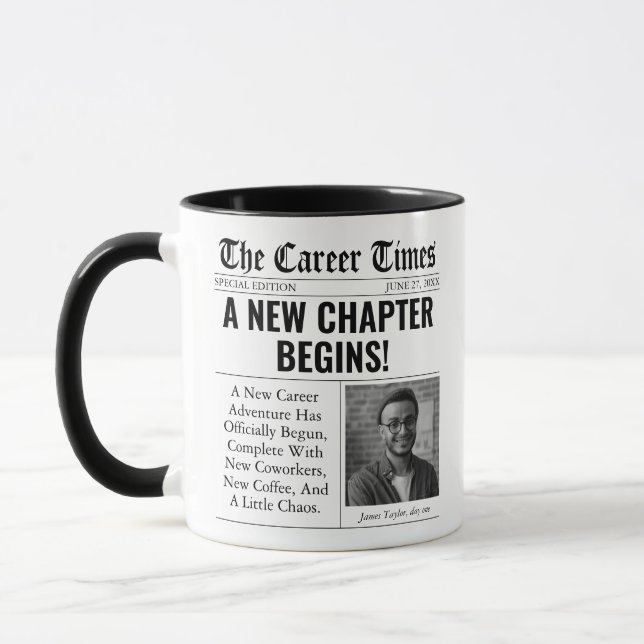 Caneca Presente engraçado para novo emprego com manchete  (Esquerda)