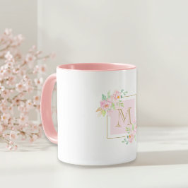Caneca Presente Personalizado Inicial Floral Rosa Aquarel