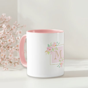 Caneca Presente Personalizado Inicial Floral Rosa Aquarel