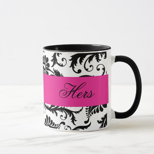 Caneca Preto, Branco, Damasco Rosa, Manga "Hers" (Direita)