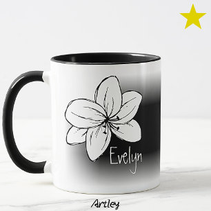 Caneca Preto Branco Flor Desenhada à Mão com Nome Persona