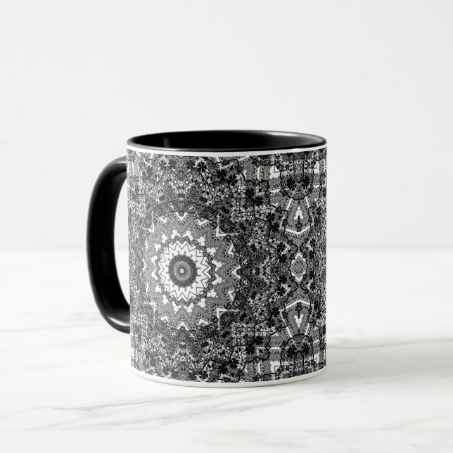 Caneca Preto branco,  trabalho aberto, mandala (Frente Esquerda)