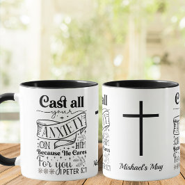 Caneca preto e branco, 1 Peter 5:7, cristão