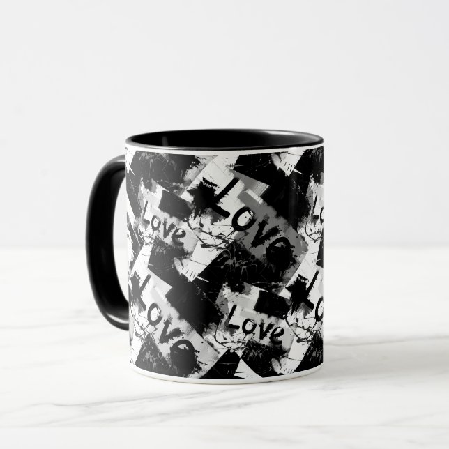 Caneca Preto e branco com padrão de manchas de amor (Frente Esquerda)