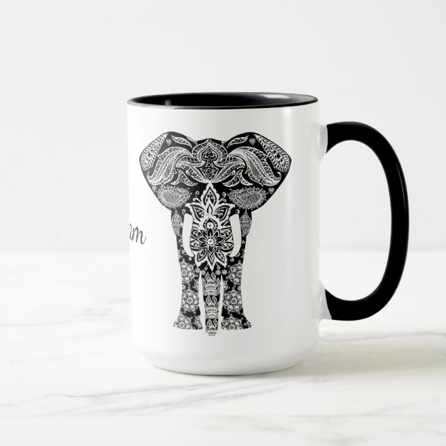 Caneca preto e branco do elefante do Henna (Direita)