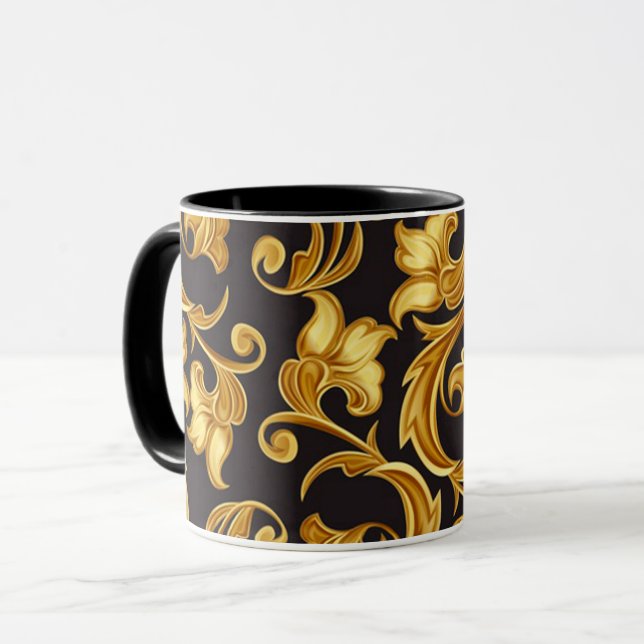 Caneca Preto Floral Dourado (Frente Esquerda)