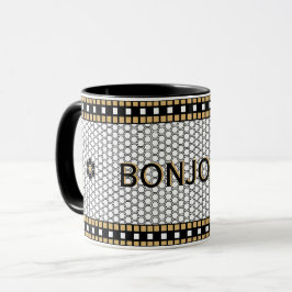 Caneca Preto-mosaico branco e Dourado com texto personali