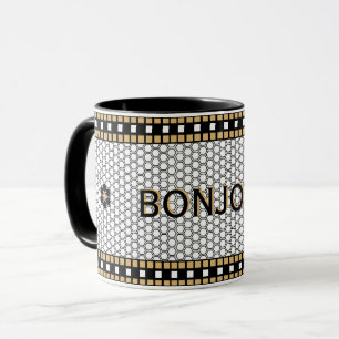 Caneca Preto-mosaico branco e Dourado com texto personali