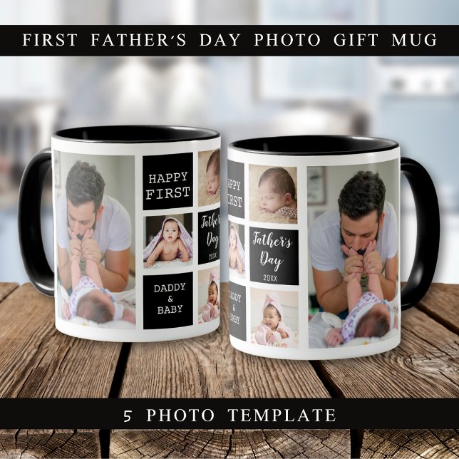 Caneca Preto para Colagem de Fotos do Primeiro Dia de os  (Happy First Father's Day 5 Photo Collage Black Mug
)