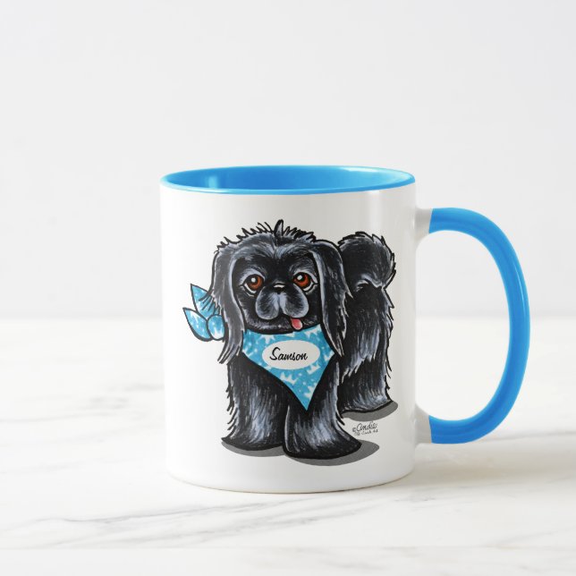 Caneca Preto Pekingese Pet Name Personalizado Blue (Direita)