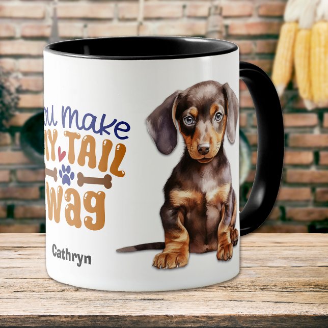 Caneca Preto Tan Dachshund Puppy Você Faz Minha Cauda (Criador carregado)