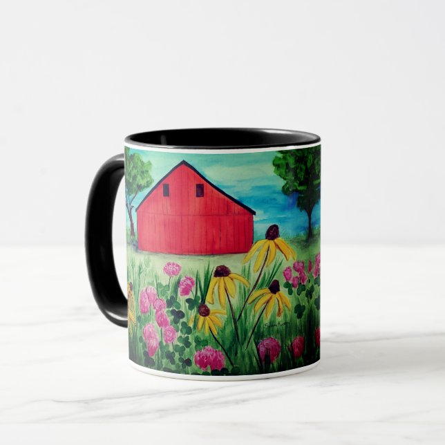 Caneca Primavera pintado à mão design de celeiro floral (Frente Esquerda)