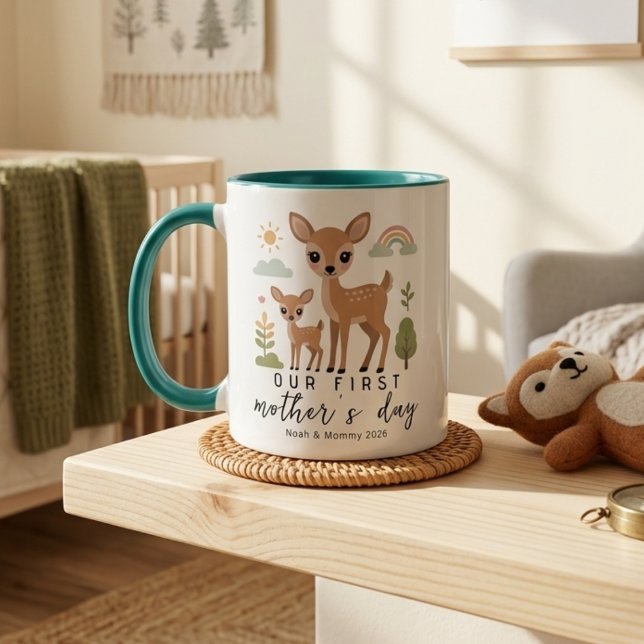 Caneca Primeiro Dia das Mães Suave e Neutro Cervo Mãe e B (Criador carregado)