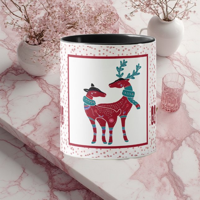 Caneca Primeiro Natal Casal Nórdico Flocos de Neve (First Christmas Nordic Snowflakes Reindeer Couple Mug)