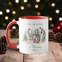 Caneca Primeiro Natal como Mãe Aquarela Elefante Bebê