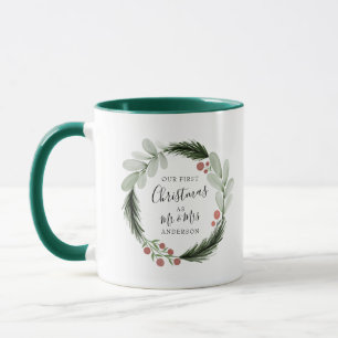 Caneca Primeiro Natal como Sr. e Sra. Wreath Holiday