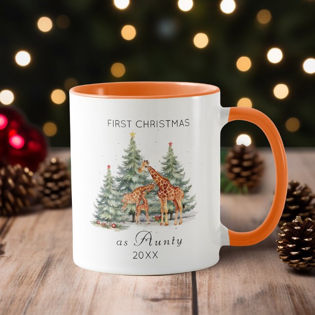 Caneca Primeiro Natal como Tia Watercolor Cute Giraffe (Criador carregado)