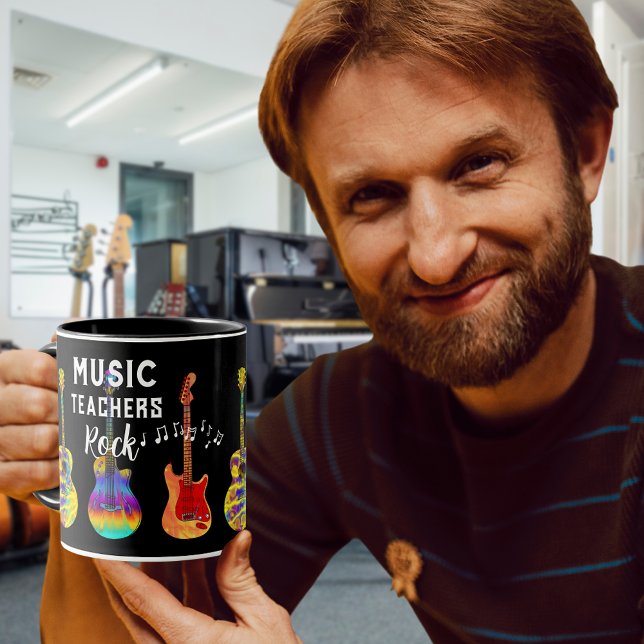 Caneca Professores de Música Rock Obrigado (Music teacher rock teacher thank you gift black coffee mug with colorful guitars and musical notes)