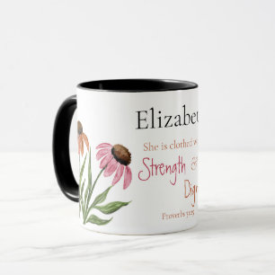 Caneca Provérbios 31:25 Força e Dignidade Fé Floral