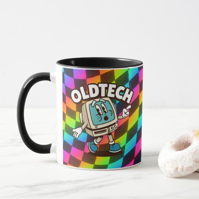 Caneca Psicodélica de Cartoon de Retro Tech (Com Donut)