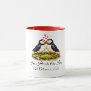 Caneca Puffins Casamento Personalizado Dois Corações Um A