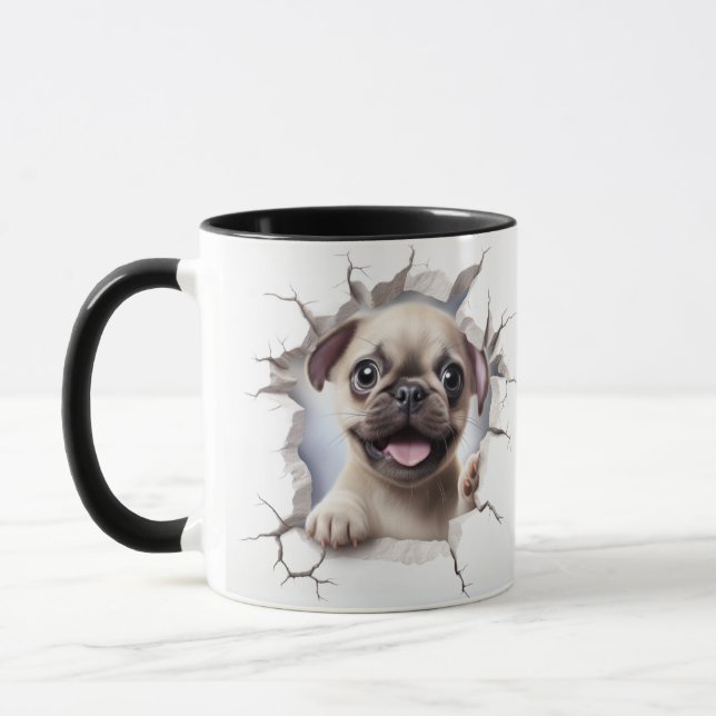 Caneca Pug 3D quebrando parede de tijolos  (Esquerda)