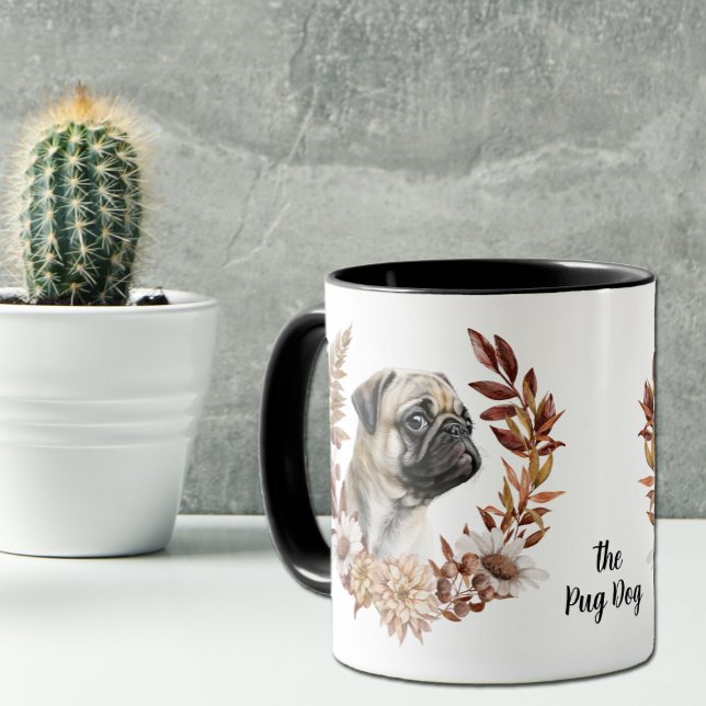 Caneca Pug Dog Autumn Wreath (Criador carregado)