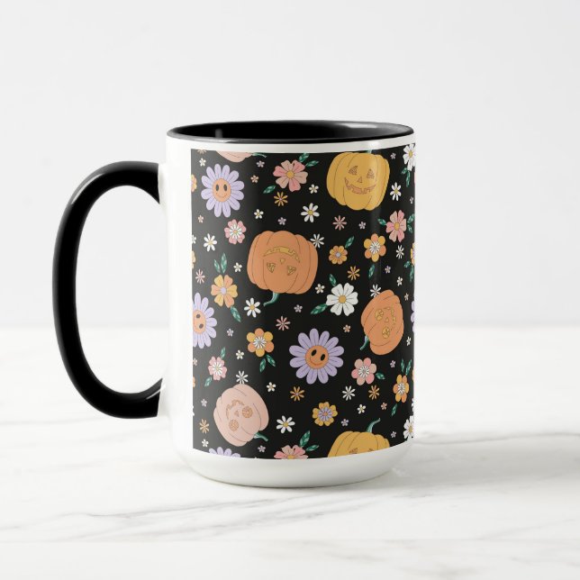 Caneca Pumpkins e Flores do Halloween Retro (Esquerda)