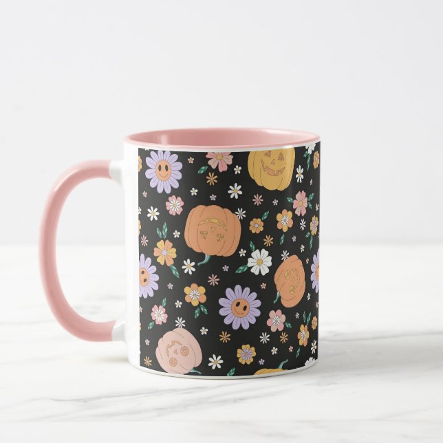Caneca Pumpkins e Flores do Halloween Retro (Esquerda)