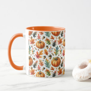Caneca Pumpkins e Folhas Festivas Caindo em Branco