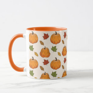 Caneca Pumpkins Laranja E Padrão De Folhas De Outono