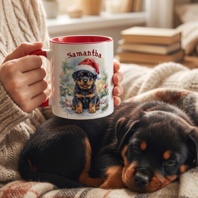 Caneca Puppy Rottweiler Personalizado Natal (Criador carregado)