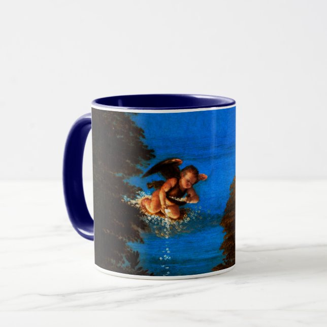 Caneca Putto no céu azul joga uma cascata de flores branc (Frente Esquerda)