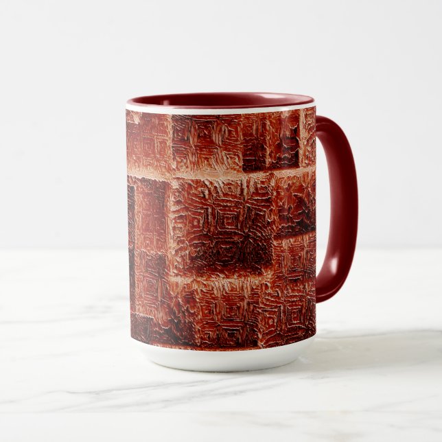 Caneca Quadrados com textura de parede vermelha escura e  (Frente Esquerda)