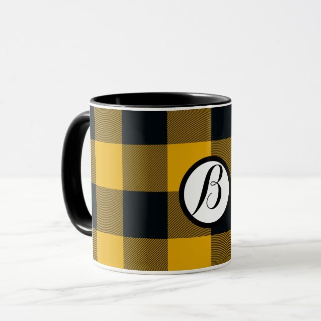 Caneca Quadrados Xadrez Amarelo e Preto Plaid de Búfalo (Frente Esquerda)