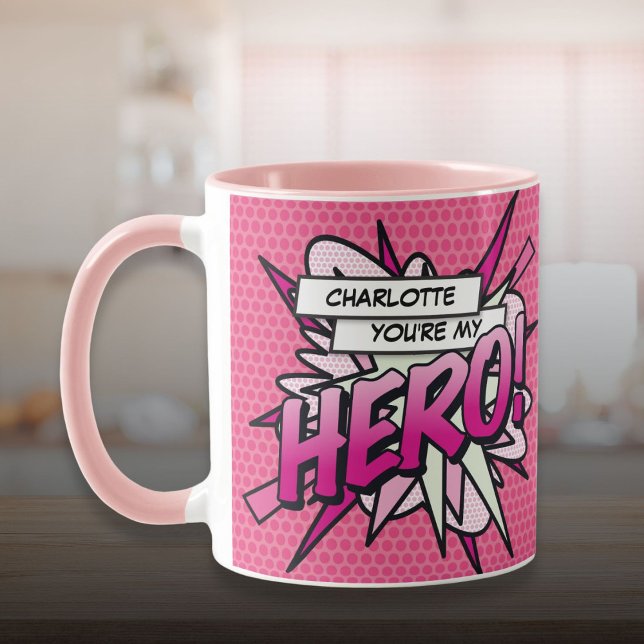 Caneca Quadrinho Personalizado Você É Meu HEROI Rosa (Personalized You're My HERO Comic Book Pink Mug)